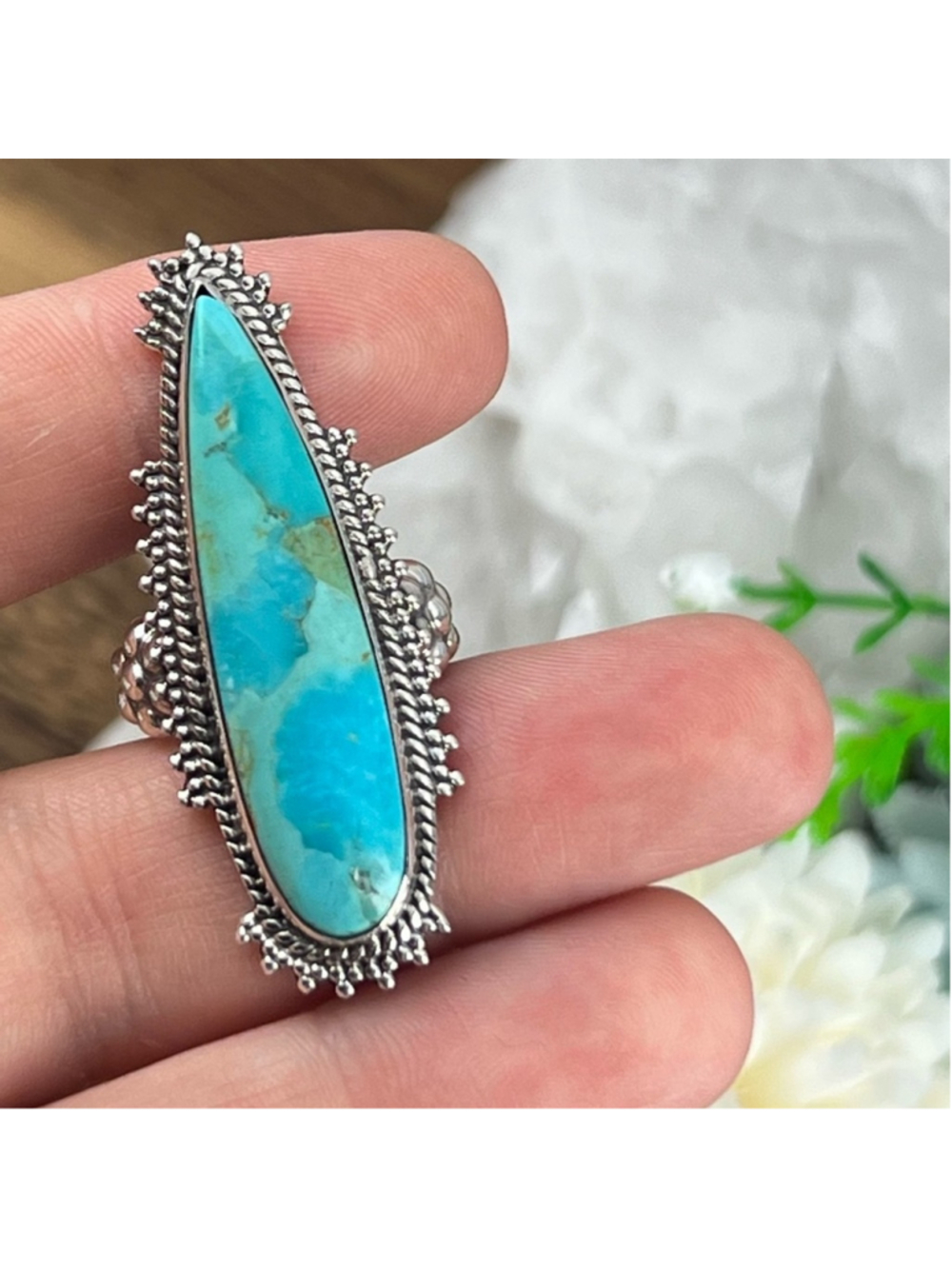 Sterling Silver 925 Turquoise Ring Size 7 Long Boho Southwest Blue New - Picture 8 of 13